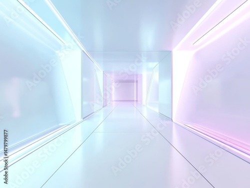 A futuristic  brightly lit corridor with a gradient of blue and pink hues