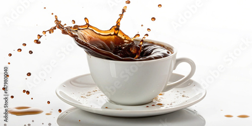 Liquid coffee pour and splash in a white cup on saucer a white background