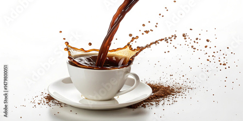 Liquid coffee pour and splash in a white cup on saucer a white background