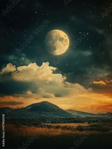 Full moon rising over mountain landscape at night with starry sky and clouds scenic vista