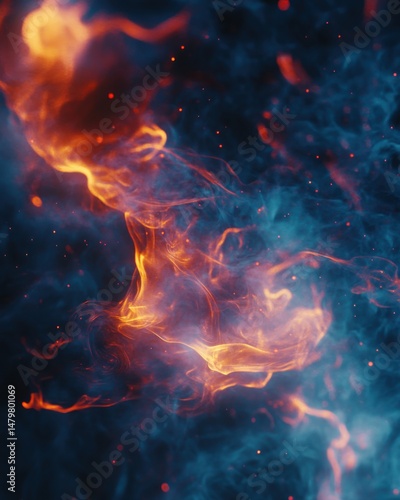 Abstract fire and ice clash in swirling dance of energy and smoke; dramatic close-up of dynamic forces at play
