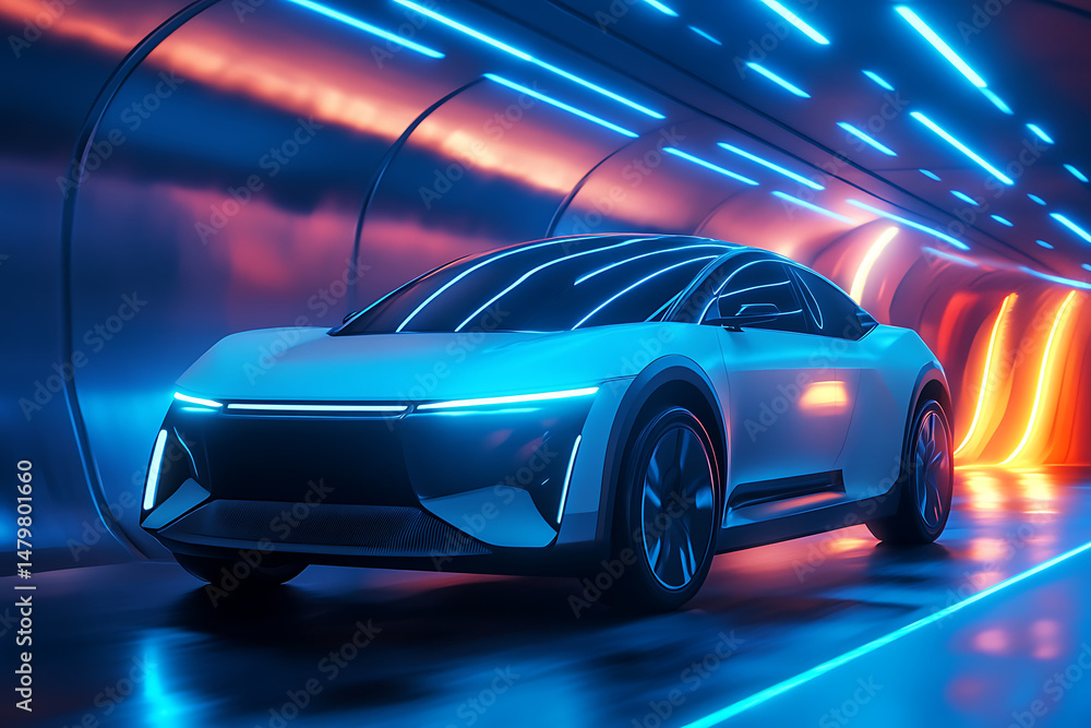 Naklejka premium Futuristic electric car illuminated by neon lights in a sleek tunnel environment