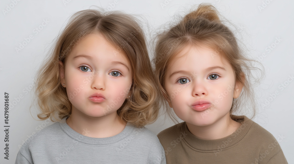 Playful girls, mirroring each other’s silly faces, create a heartwarming scene of childhood joy, perfect for family portraits, greeting cards, or children’s book illustrations. Playful girls, mirroring each other’s silly faces, create a heartwarming scene of childhood joy, perfect for family portraits, greeting cards, or children’s book illustrations.