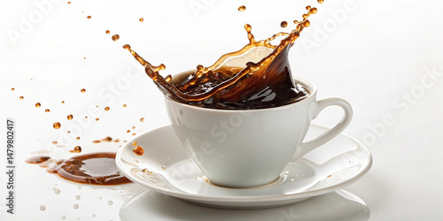 Liquid coffee pour and splash in a white cup on saucer a white background