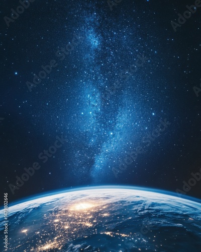 Earth view from space showing city lights and the Milky Way galaxy in the night sky above in a vertical shot