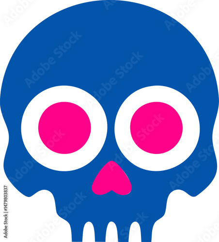 Blue cartoon skull with pink eyes and heart-shaped nose. Vector illustration