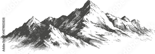 Black and white sketch of majestic mountain range with detailed peaks. Vector illustration