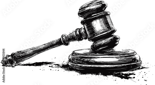 Ink sketch of a judge's gavel striking a base, symbolizing justice. Vector illustration