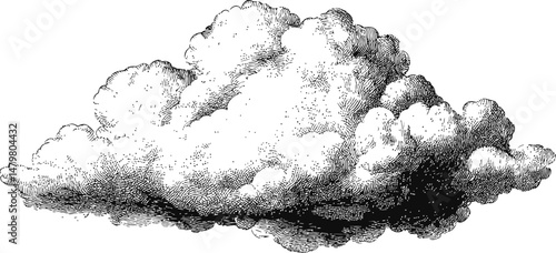Detailed black and white vintage illustration of a fluffy cloud, hand-drawn style. Vector illustration