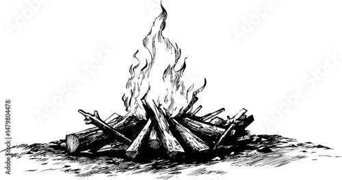 Hand-drawn illustration of a campfire with logs and flames rising. Vector illustration