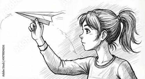 Teen girl holding paper airplane in sketch style  