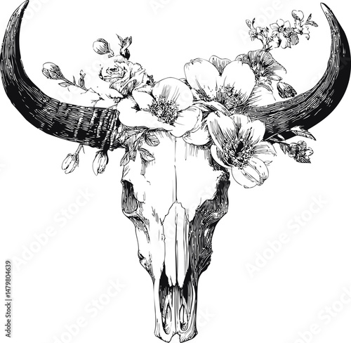 Cow skull adorned with flowers in black and white line art illustration. Vector illustration
