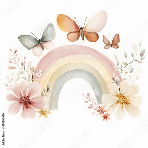 Colorful butterflies and soft flowers create a serene rainbow scene in a pastel illustration