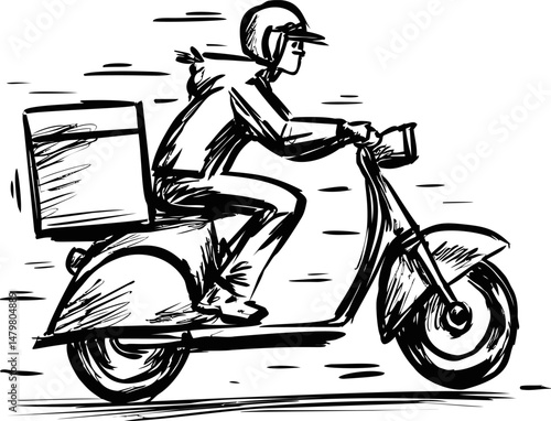 Delivery rider sketch on speedy scooter with helmet, black and white illustration. Vector illustration