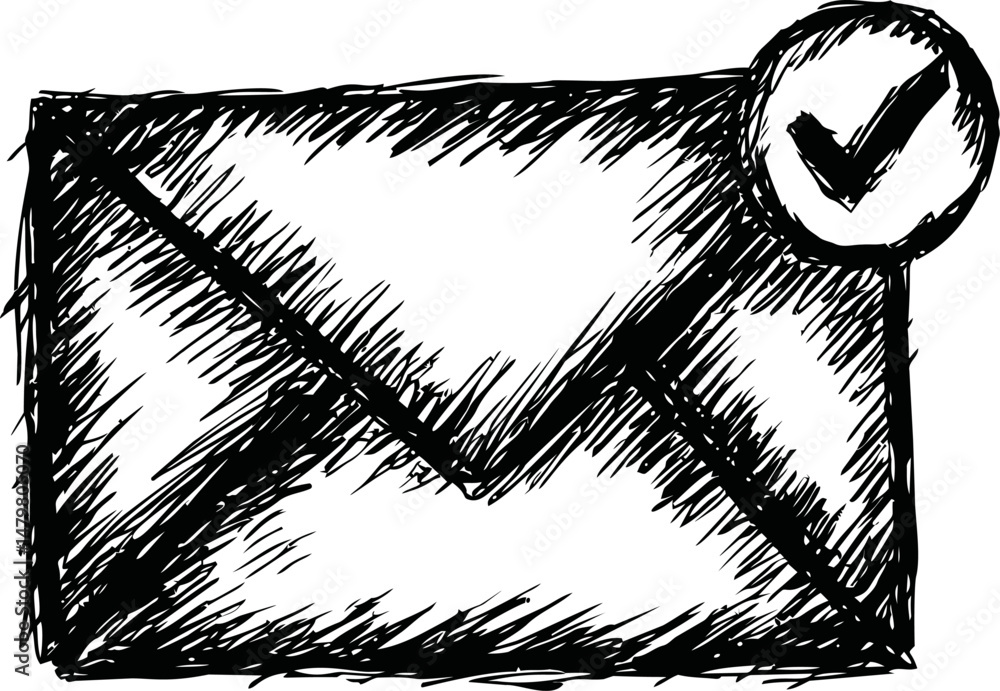 Hand-drawn envelope with a check mark icon, black ink sketch style. Vector illustration Hand-drawn envelope with a check mark icon, black ink sketch style. Vector illustration