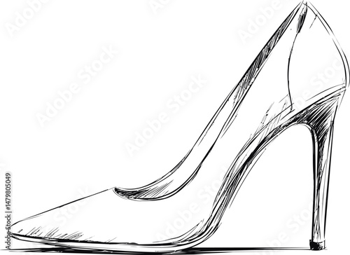 Hand-drawn sketch of a high-heeled shoe in black and white, fashion concept. Vector illustration