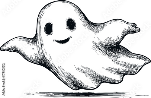 Ink drawing of a smiling cartoon ghost floating in mid-air, spooky illustration. Vector illustration