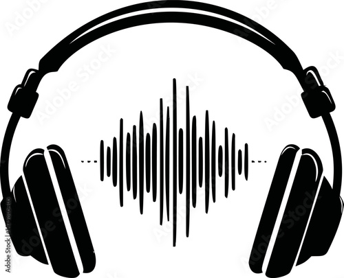 Headphones with soundwave in black and white. Vector illustration