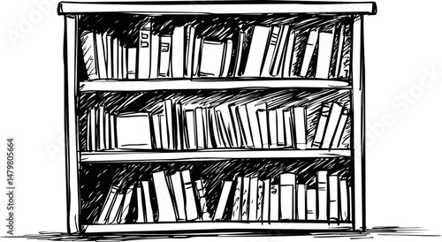 Hand-drawn illustration of a vintage bookshelf filled with books in black and white. Vector illustration