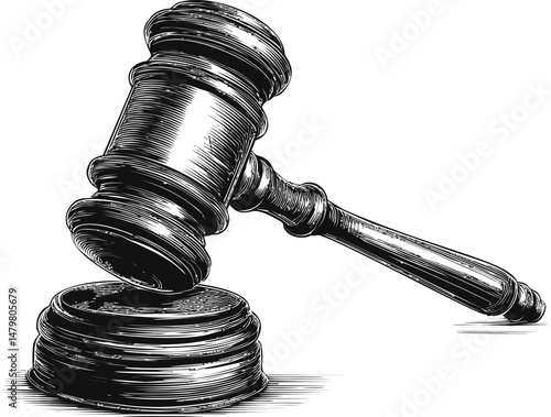 Wooden judge's gavel sketch with black and white details, symbolizing justice. Vector illustration