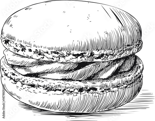 Detailed black and white sketch of a single macaron with textured lines. Vector illustration