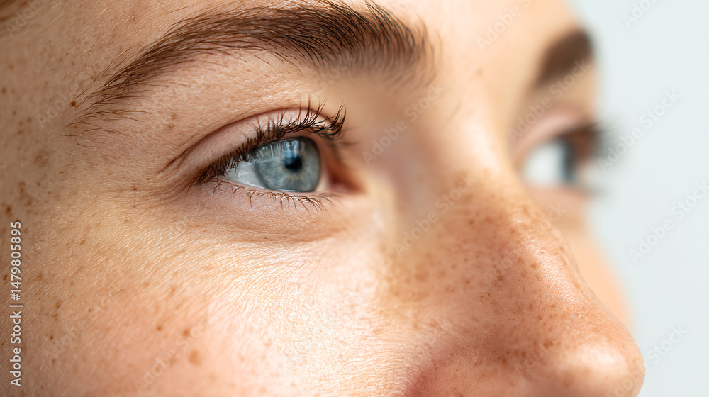Fototapeta premium Close up of beautiful blue eyes with freckles and healthy skin for beauty concepts