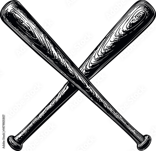 Crossed wooden baseball bats in monochrome illustration style. Vector illustration