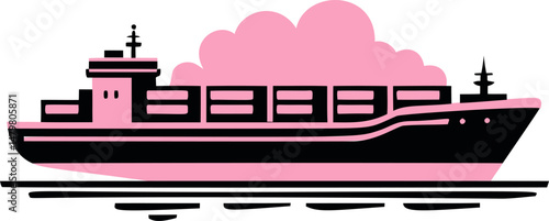 Pink and black cargo ship with containers and cloud background. Vector illustration