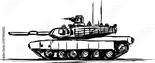 Black and white sketch of a military tank with detailed shading. Vector illustration