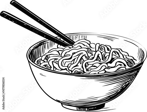 Line drawing of a bowl of noodles with chopsticks in monochrome style. Vector illustration