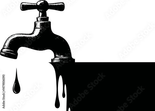Black and white illustration of faucet leaking ink with abstract design. Vector illustration