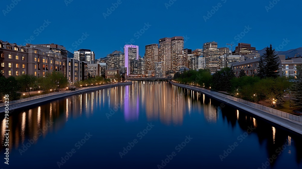 Naklejka premium Calgary Skyline Twilight Reflection with Bow River, and Alberta.