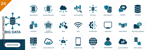 Big data icon. Containing information technology, database, data storage, computer, machine learning, server. Solid vector icons set.