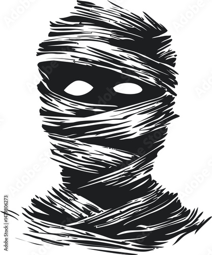 Black and white illustration of a mummy wrapped in bandages, vector art. Vector illustration