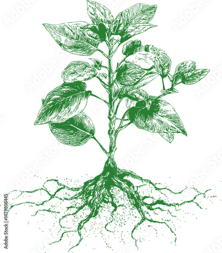 Green illustration of a plant with roots in detailed line art style. Vector illustration
