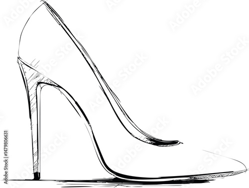 Black and white sketch of a high heel shoe with elegant lines. Vector illustration
