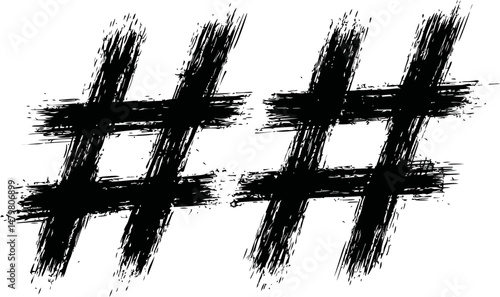 Abstract black double hashtag symbol with grunge brushstroke texture. Vector illustration