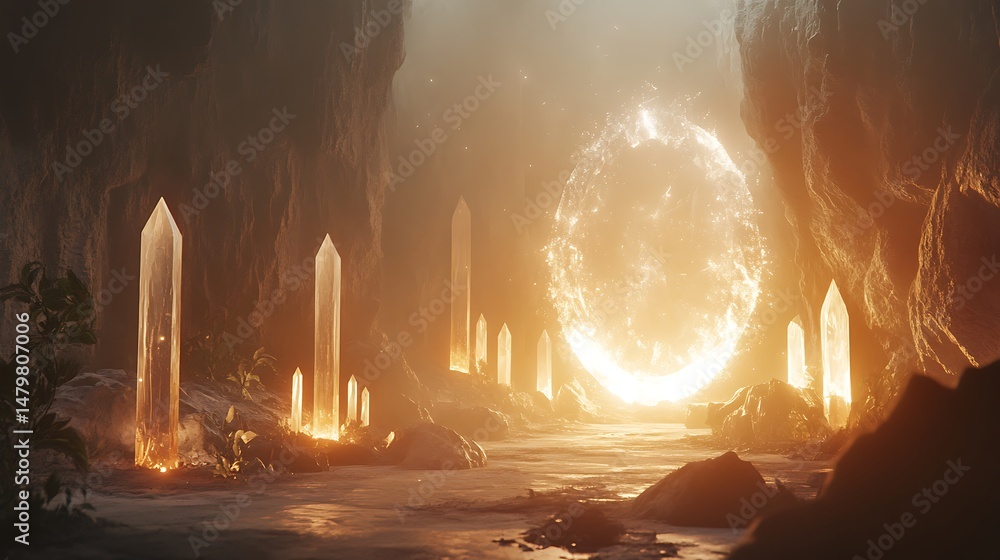 Mystical cave with glowing crystals and a luminous portal, otherworldly realm Mystical cave with glowing crystals and a luminous portal, otherworldly realm