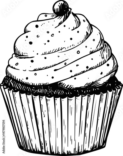Vintage black and white cupcake sketch with swirled frosting and cherry detail. Vector illustration