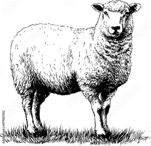 Detailed black and white illustration of a sheep standing on the grass. Vector illustration