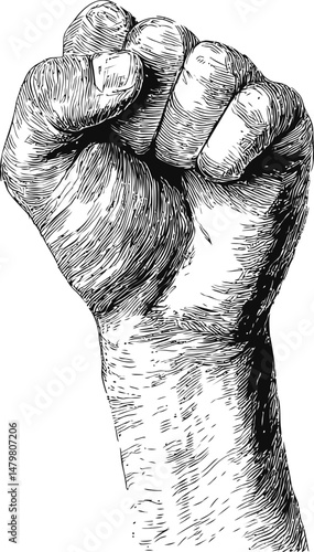 Illustration of raised clenched fist in black and white, symbol of protest. Vector illustration