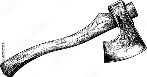 Detailed black and white illustration of a wooden axe with intricate patterns. Vector illustration
