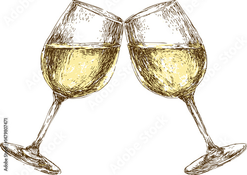 Two clinking wine glasses sketched with golden white wine, symbolizing celebration. Vector illustration