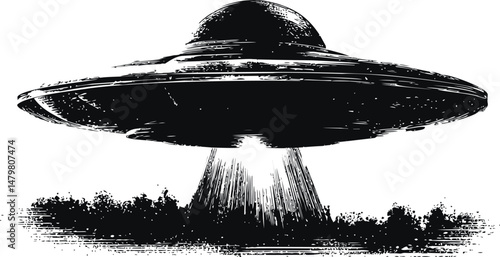 Black and white illustration of a ufo with a beam of light emanating down. Vector illustration