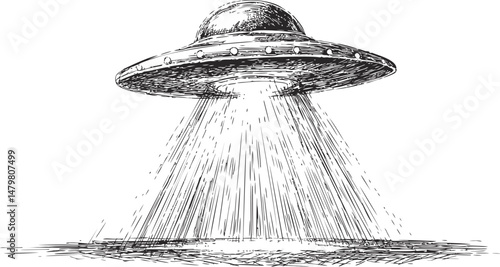 Flying saucer illustration with beams descending in sketch style, extraterrestrial art. Vector illustration