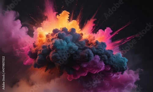 Vibrant powder cloud bursts against black, swirling colors  , shockwave, explosion, cloud