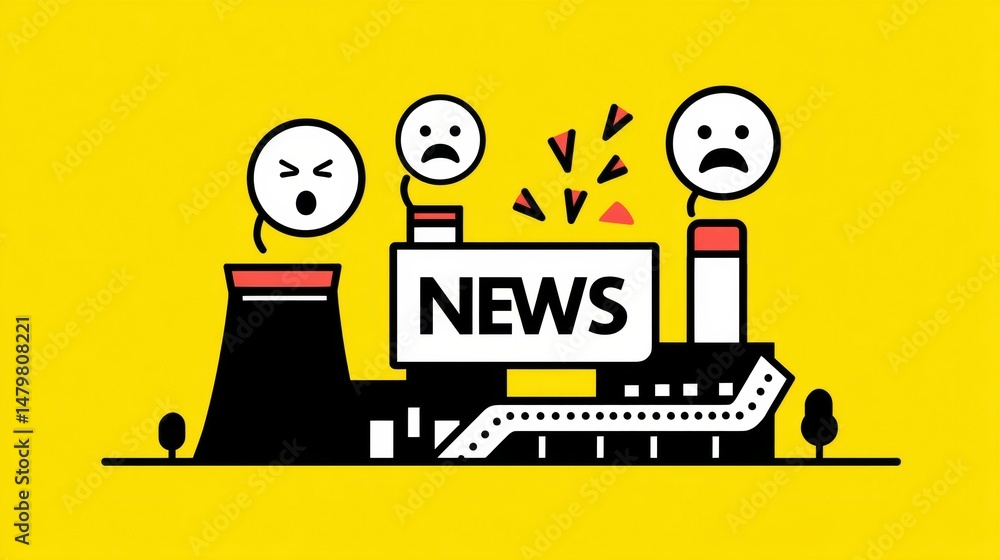 Naklejka premium Illustration of a news factory with sad and angry emoticons and a bold