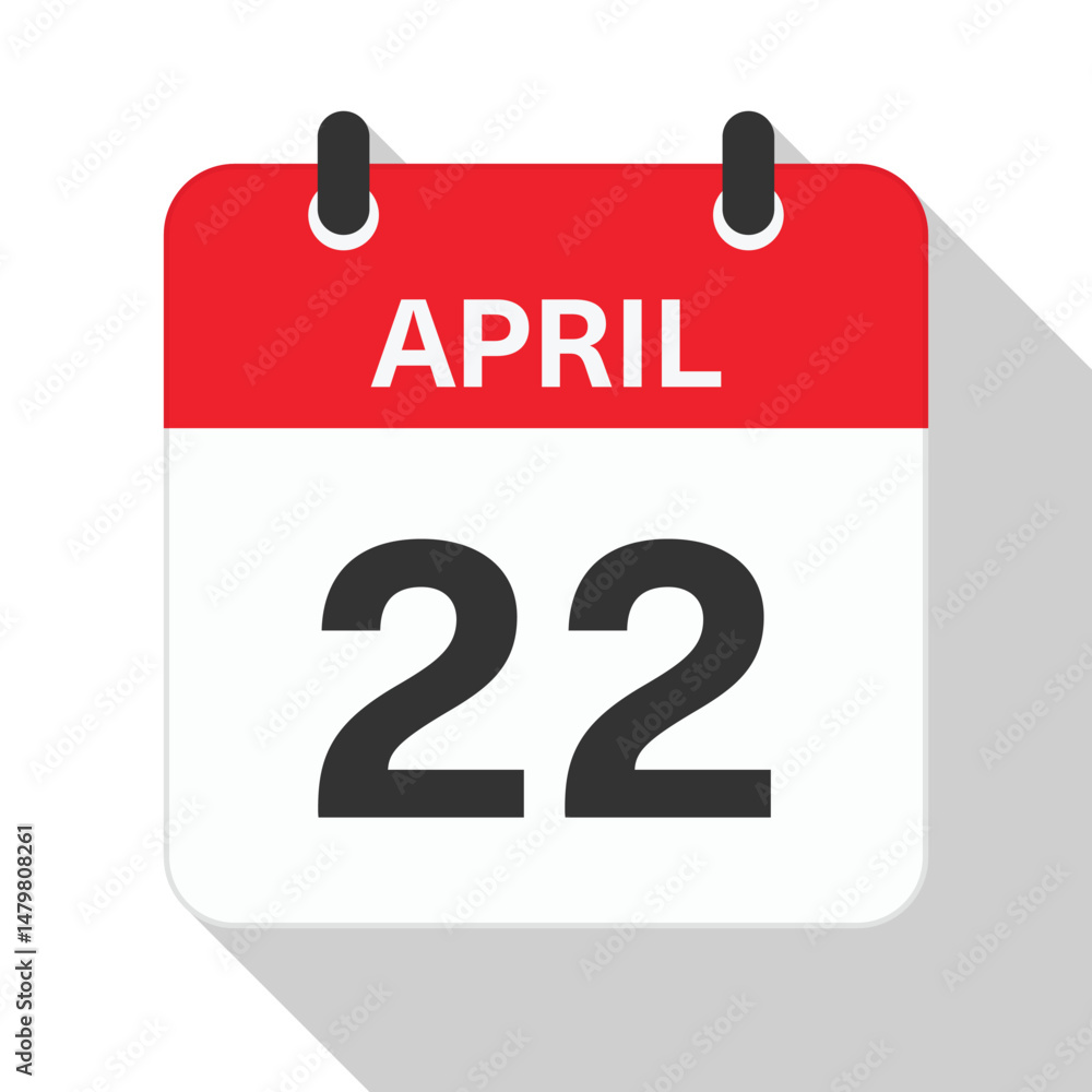 Fototapeta premium April 22 Daily Calendar. Red Theme on White Background