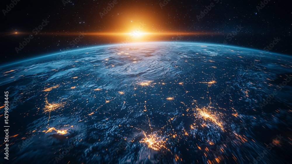 An awe-inspiring space image capturing Earth from orbit with the sun rising behind the horizon, symbolizing global connection, technological expansion An awe-inspiring space image capturing Earth from orbit with the sun rising behind the horizon, symbolizing global connection, technological expansion