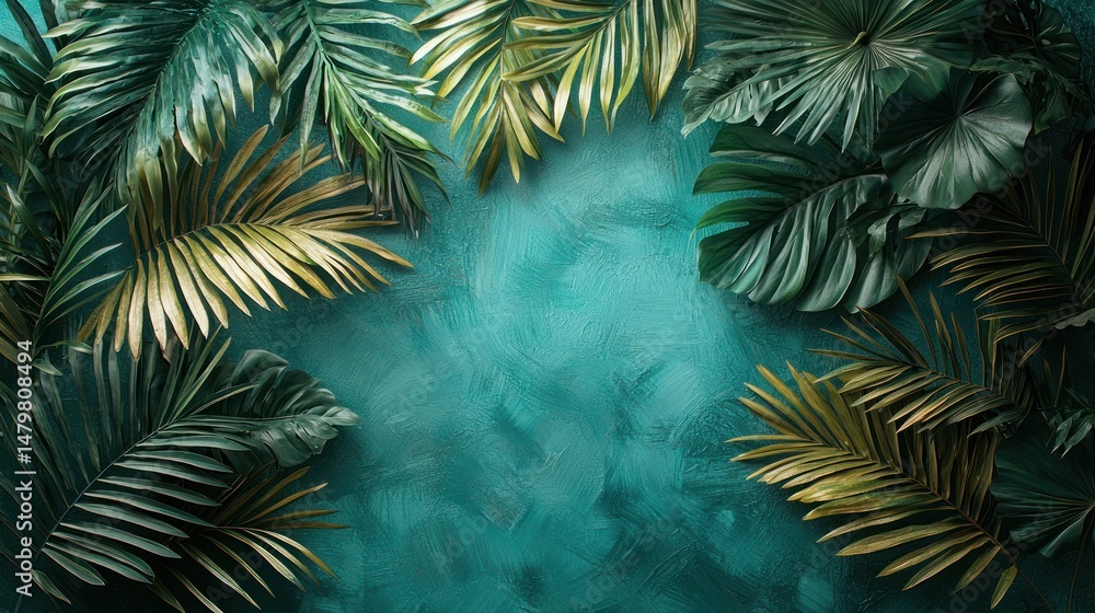 Obraz premium Tropical foliage frames textured cyan backdrop with exotic, golden, green leaves
